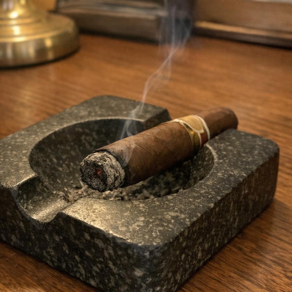 A cigar resting in a heavy stone ashtray with a thin ribbon of smoke rising on a walnut desk