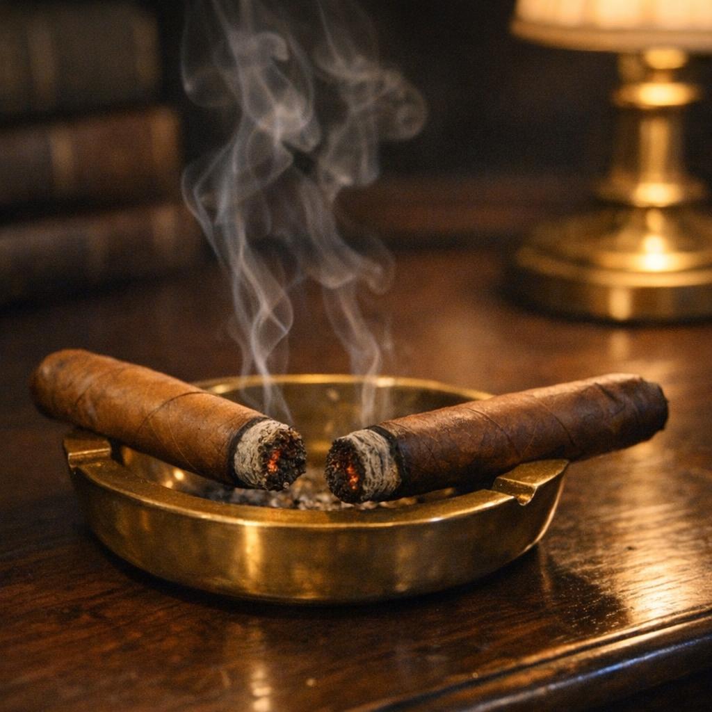 Two lit cigars resting in a single brass ashtray on a dark walnut desk, ribbons of smoke rising, warm amber side-lamp light