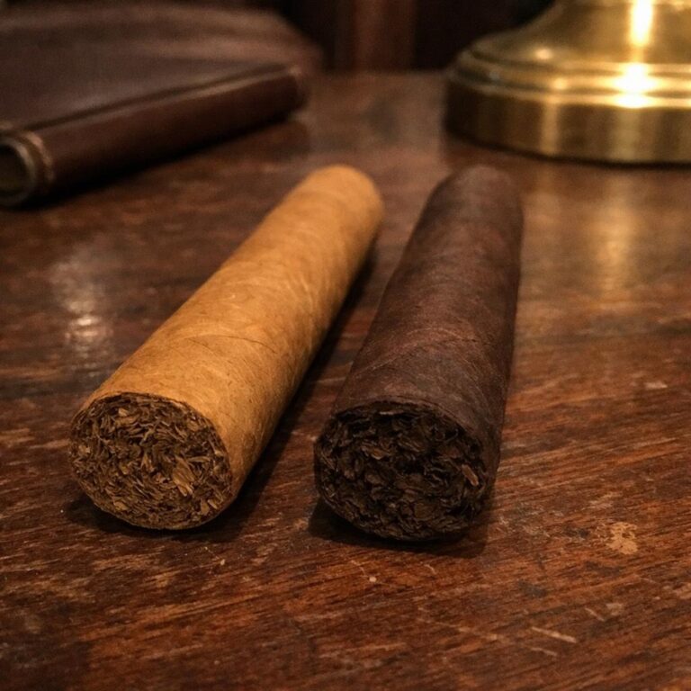 Two unlit cigars resting flat on a worn walnut desk, the left wrapper a lighter Connecticut shade Dominican, the right a darker espresso Nicaraguan, brass lamp and leather notebook softly out of focus.