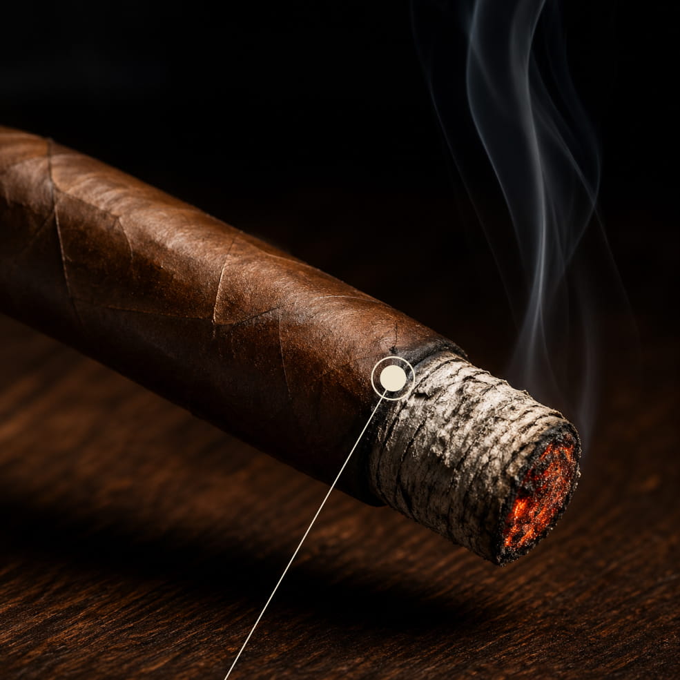 Close-up of a lit premium cigar with smoke trailing upward from the foot, illustrating the airflow concept of the draw