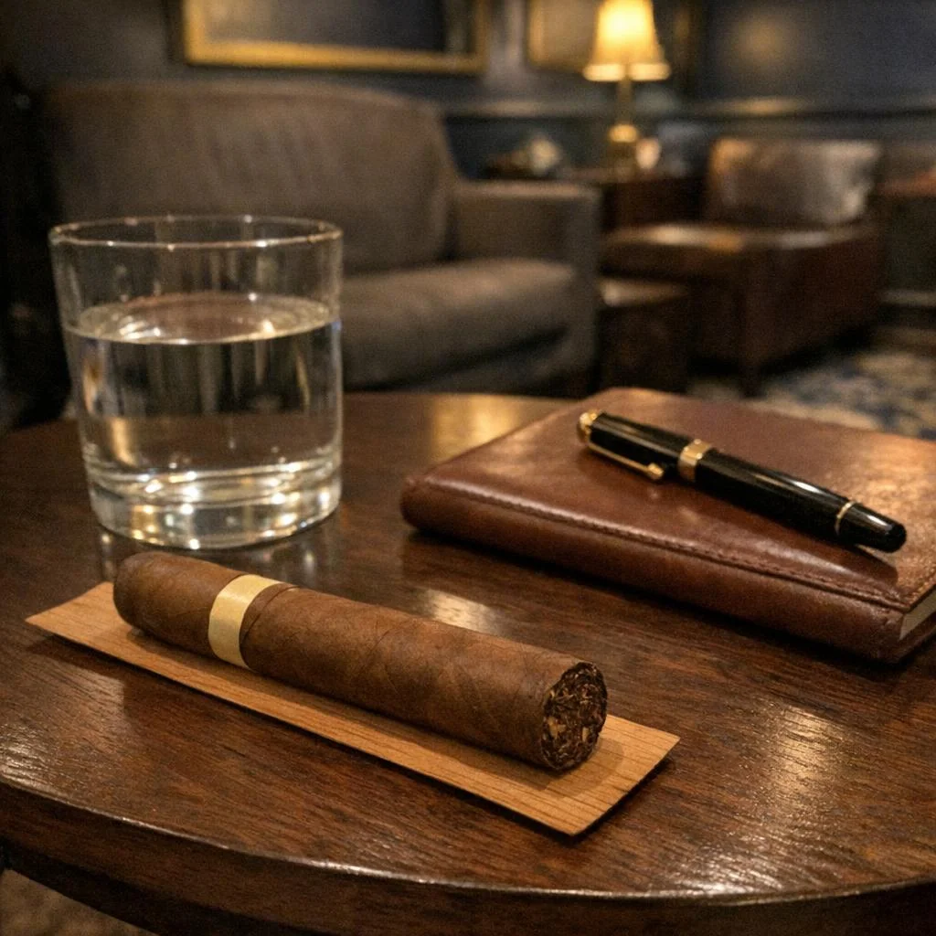 An unlit cigar on a cedar strip beside a glass of still water and a closed leather notebook with a fountain pen resting on it.