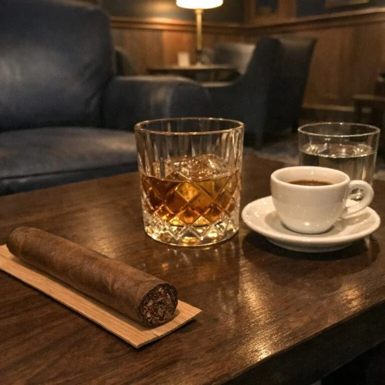 An unlit cigar rests on a cedar strip on a walnut table beside a tumbler of whisky, an espresso cup and a glass of still water.