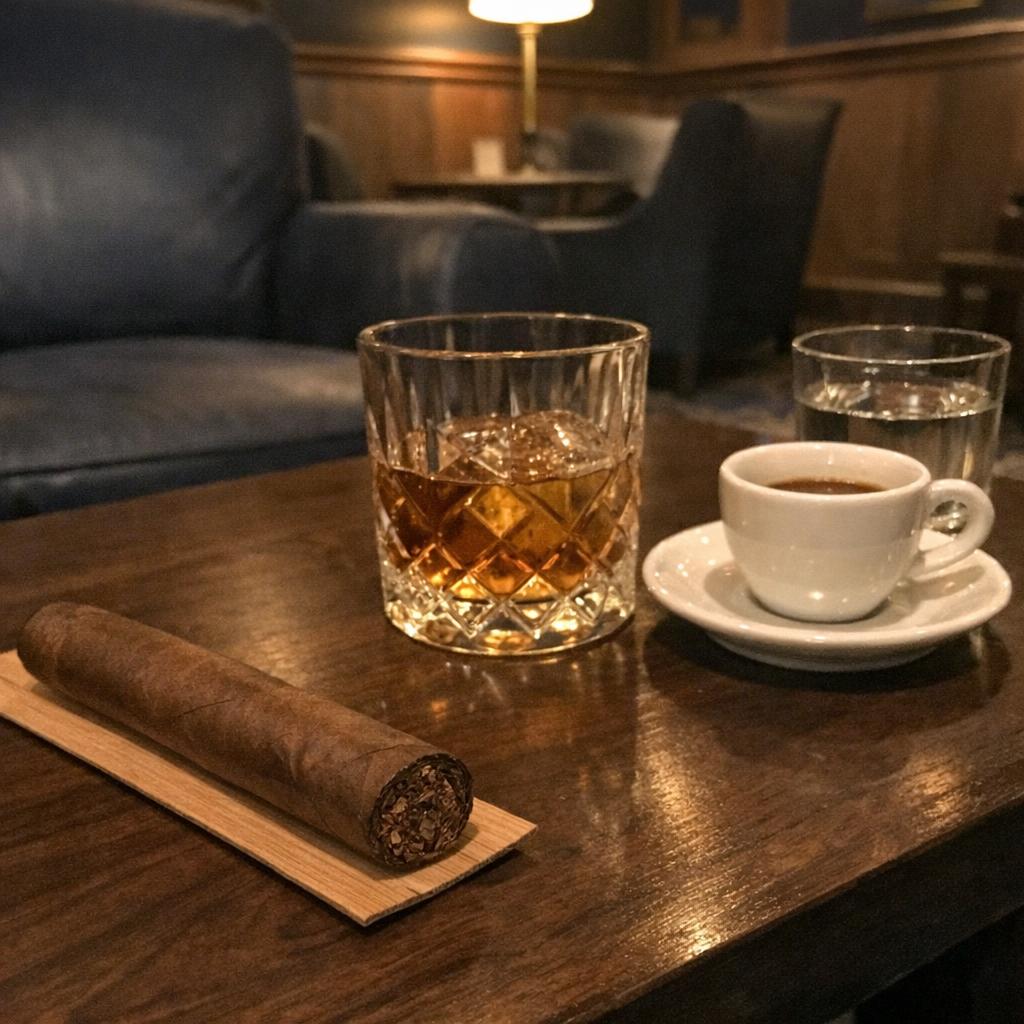 An unlit cigar rests on a cedar strip on a walnut table beside a tumbler of whisky, an espresso cup and a glass of still water.