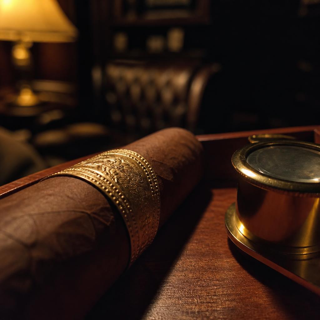 Extreme close detail of a premium cigar band with raised embossed texture and gilded foil catching warm light beside a brass loupe