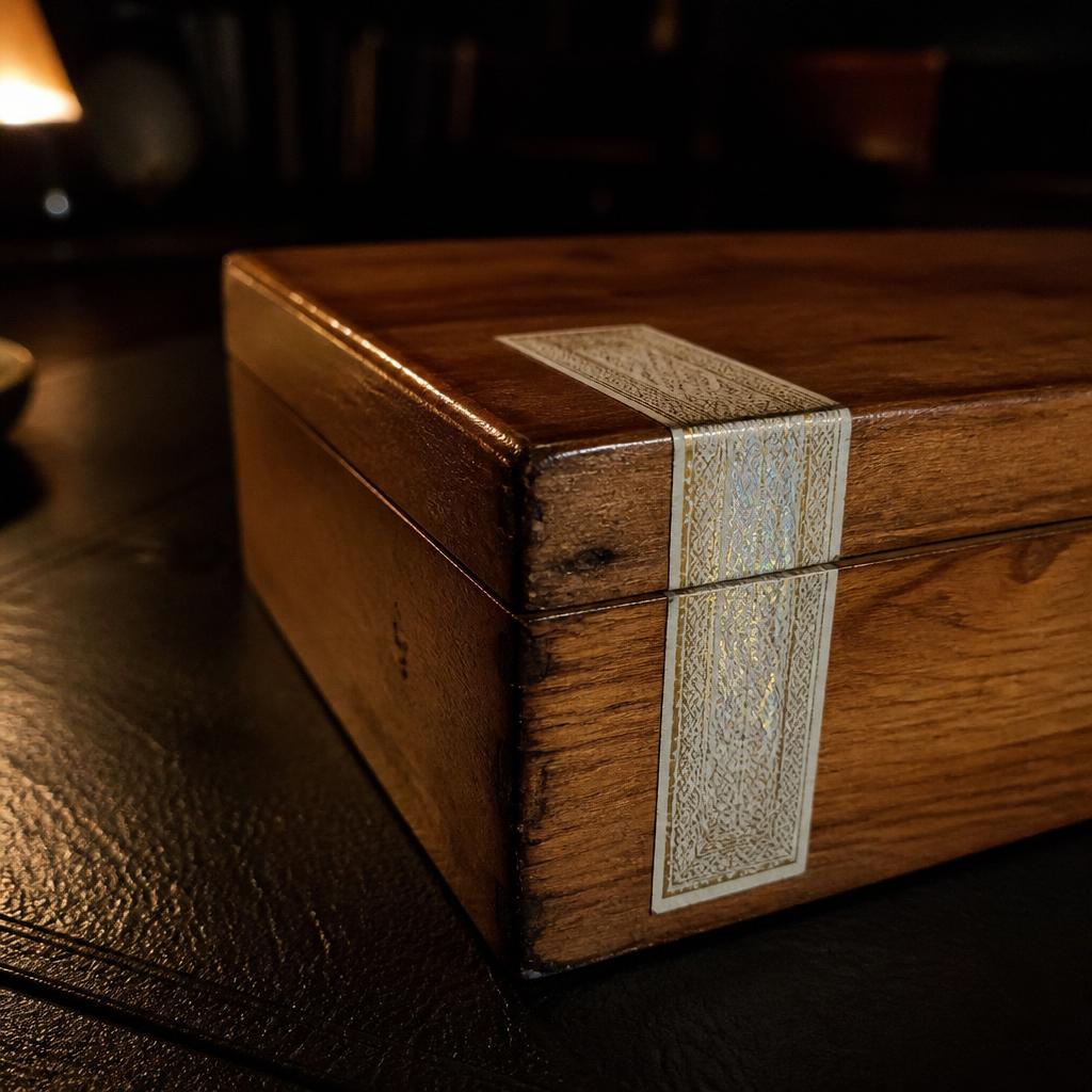 Close detail of a cedar cigar box corner with an authentication seal bearing a fine guilloche pattern running across the seam