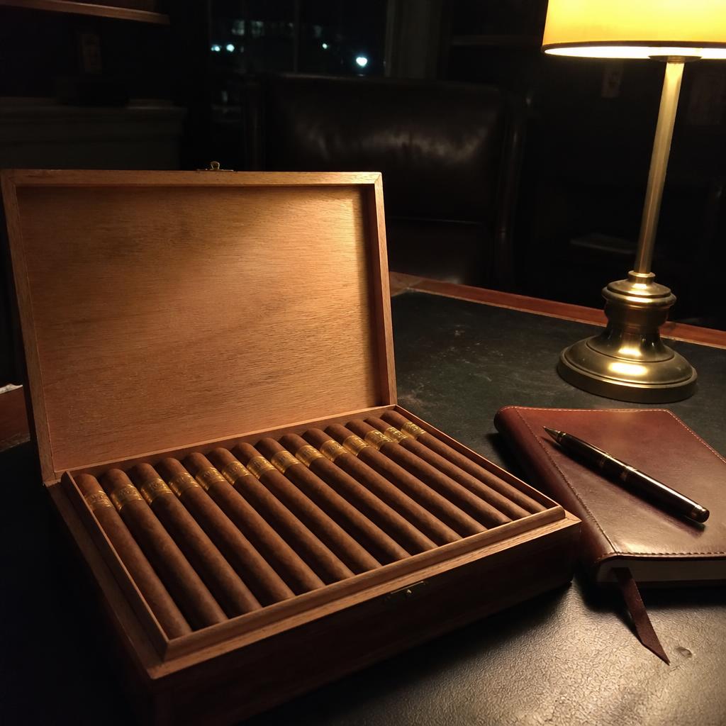 An open cedar cigar box with a neat row of matched cigars beside a leather notebook and fountain pen on a dark desk at evening
