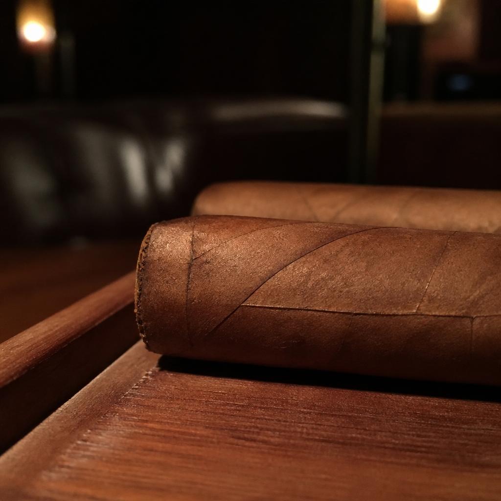 Close detail of the flat mounted cap of an unlit cigar showing three overlapping wrapper seams on a wooden tray