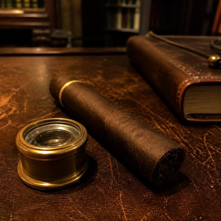 A single dark Maduro cigar resting on a leather desk beside a brass loupe and a closed leather notebook in warm lamplight