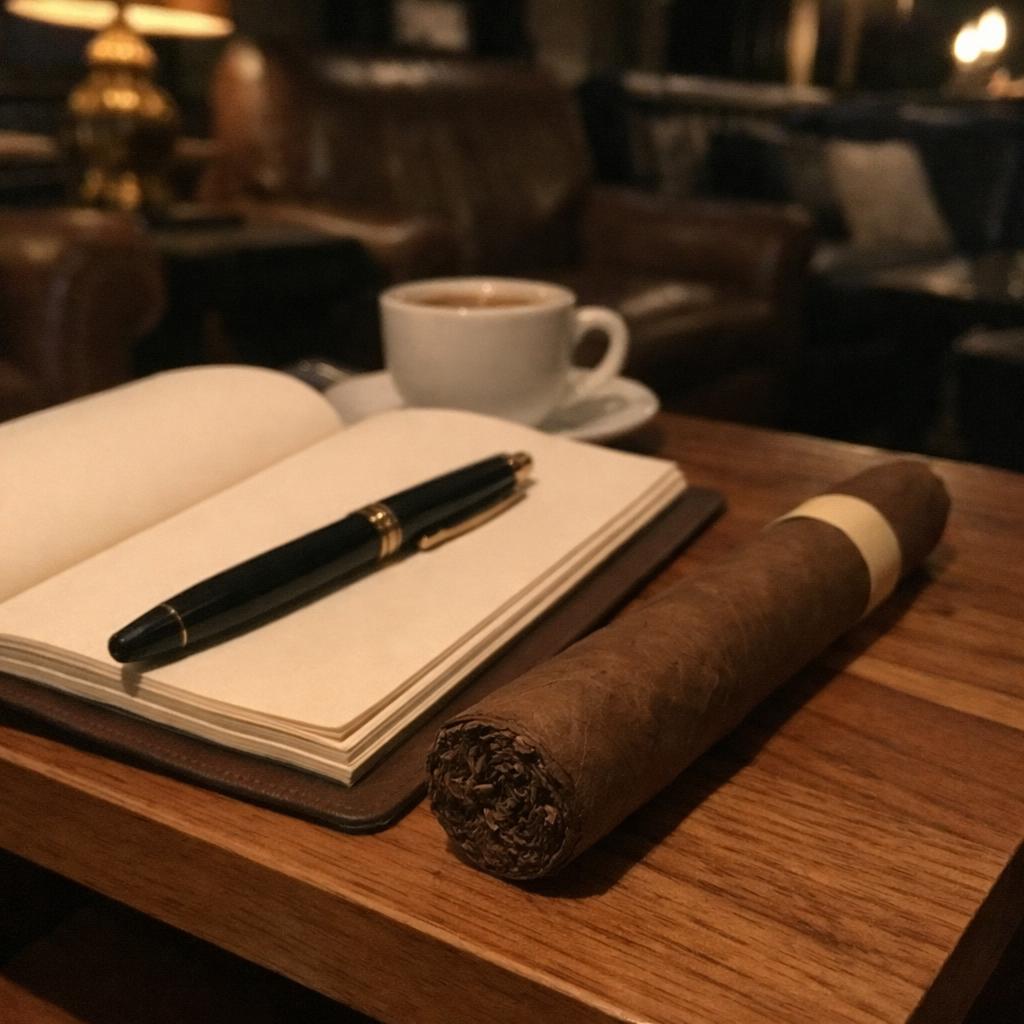 An unlit cigar resting on an oak table beside an open leather notebook, a fountain pen and a cup of coffee