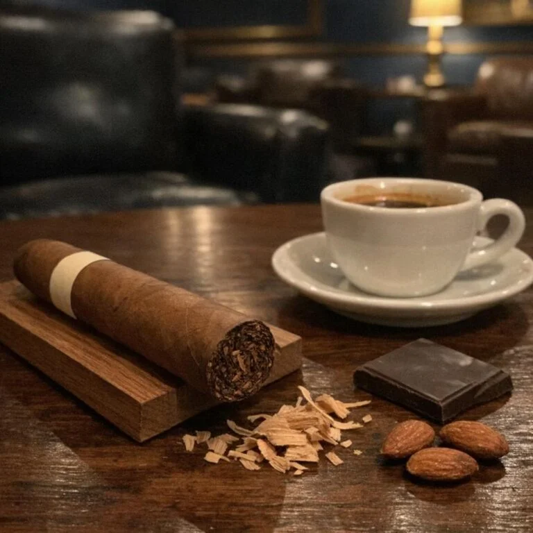 An unlit cigar on a cedar plank beside an espresso, a square of dark chocolate, cedar shavings and three almonds on a walnut table