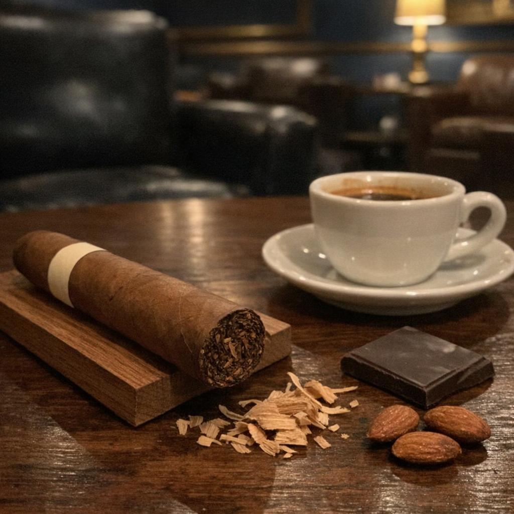 An unlit cigar on a cedar plank beside an espresso, a square of dark chocolate, cedar shavings and three almonds on a walnut table