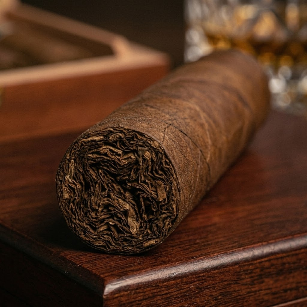 The toasted foot of a cigar glowing evenly all the way around after a patient light