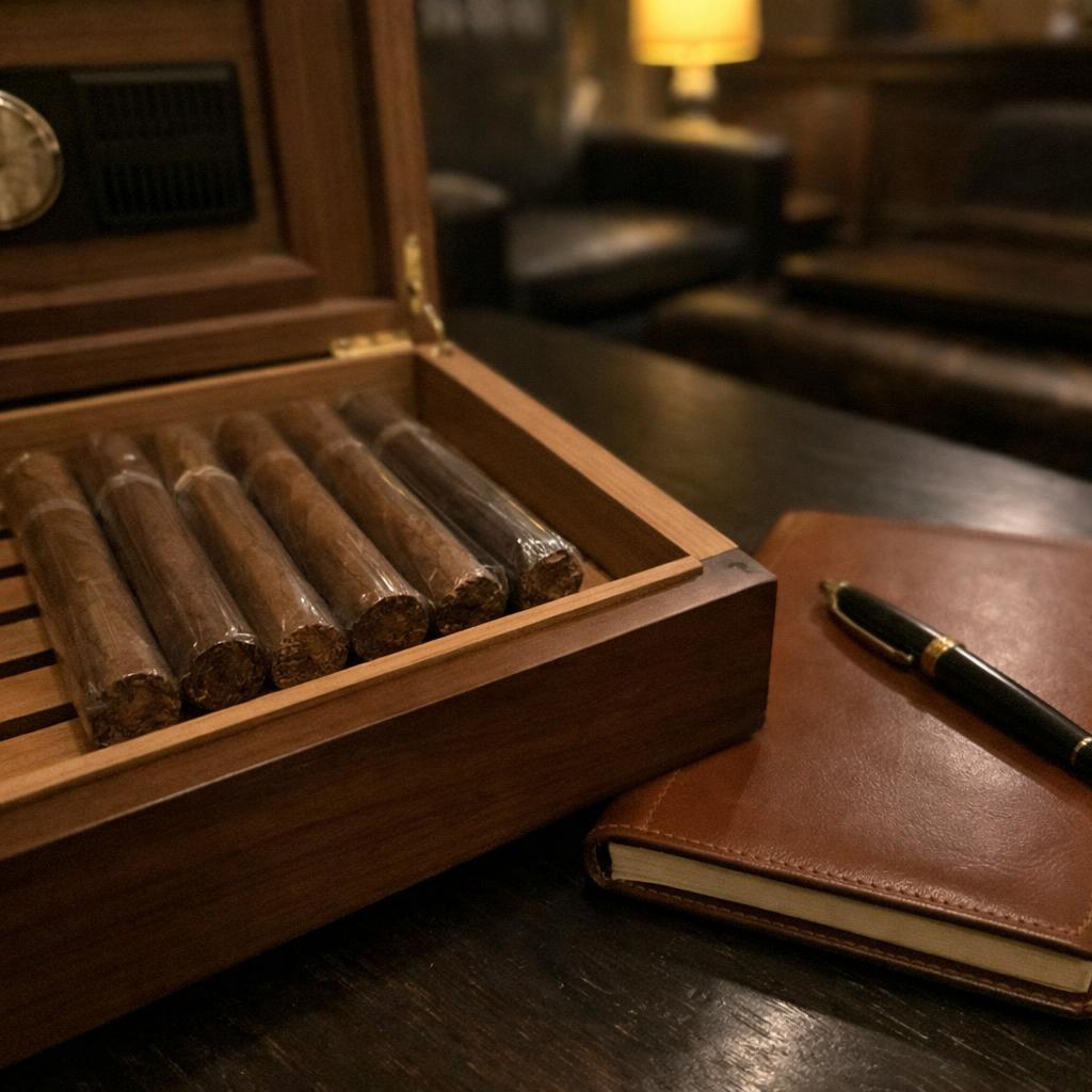 Cellophane-wrapped cigars rest on the cedar shelf of an open walnut humidor beside a closed leather notebook and a fountain pen.