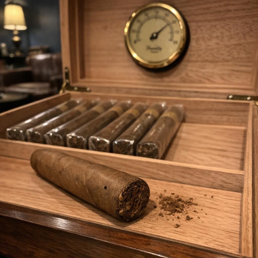 An open cedar humidor holds cellophane-wrapped cigars while a single cigar in front shows a pinhole in its wrapper beside a small scatter of tobacco dust.