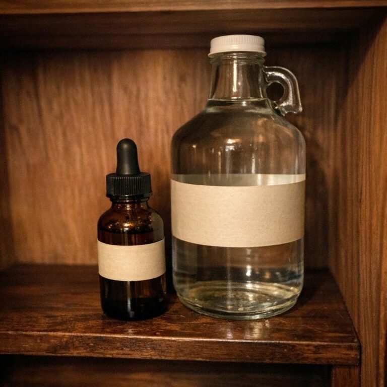 A small amber dropper bottle of clear humidor solution and a tall glass jug of distilled water sit side by side on a dark walnut humidor shelf.