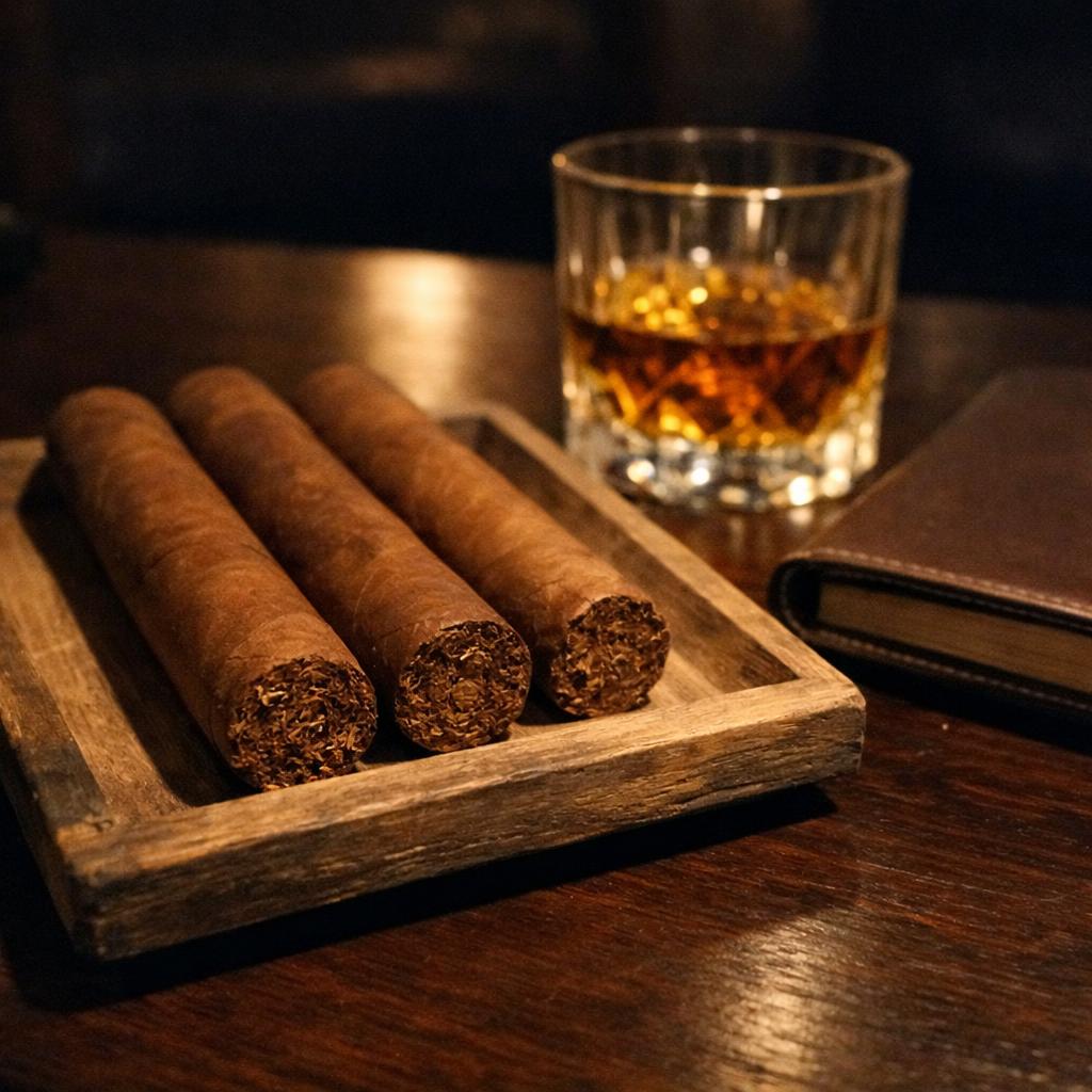 Three unlit cigars laid on a wooden tray beside a glass of whisky and a closed leather notebook, ready for an evening of tasting and notes.