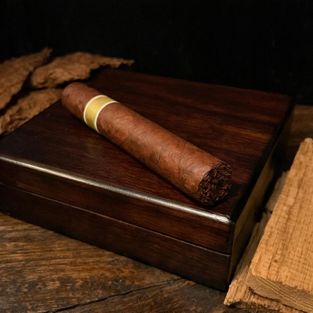 A dark corojo-wrapped cigar rests on a closed humidor lid beside loose whole tobacco leaves and a plank of rough cedar, evoking the tobacco valleys of Honduras.