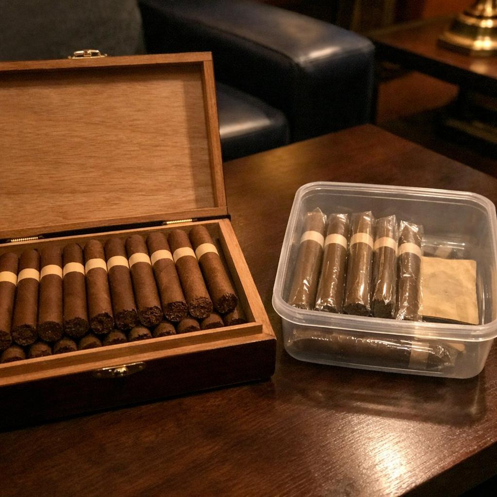 An open wooden cigar box full of unlit cigars sits beside a sealed plastic container holding cellophane-wrapped cigars and a flat two-way humidity pack.