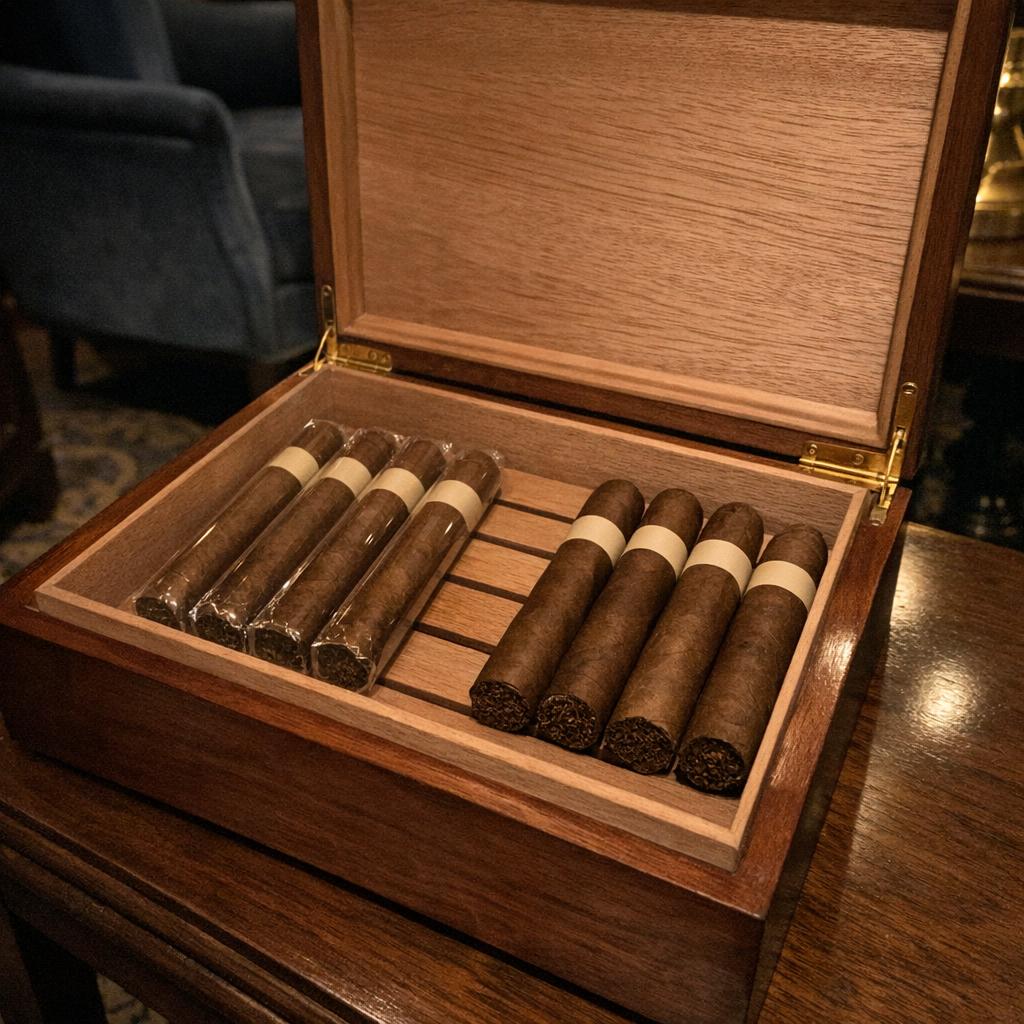 An open cedar humidor holding four cellophane-wrapped cigars beside four unwrapped ones on the same tray, showing the two storage states side by side.