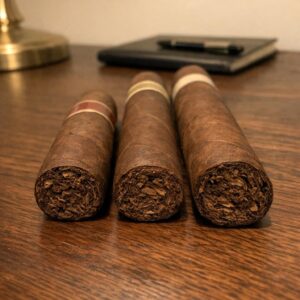 Three cigars of different vitolas laid foot-first in a row on a walnut desk