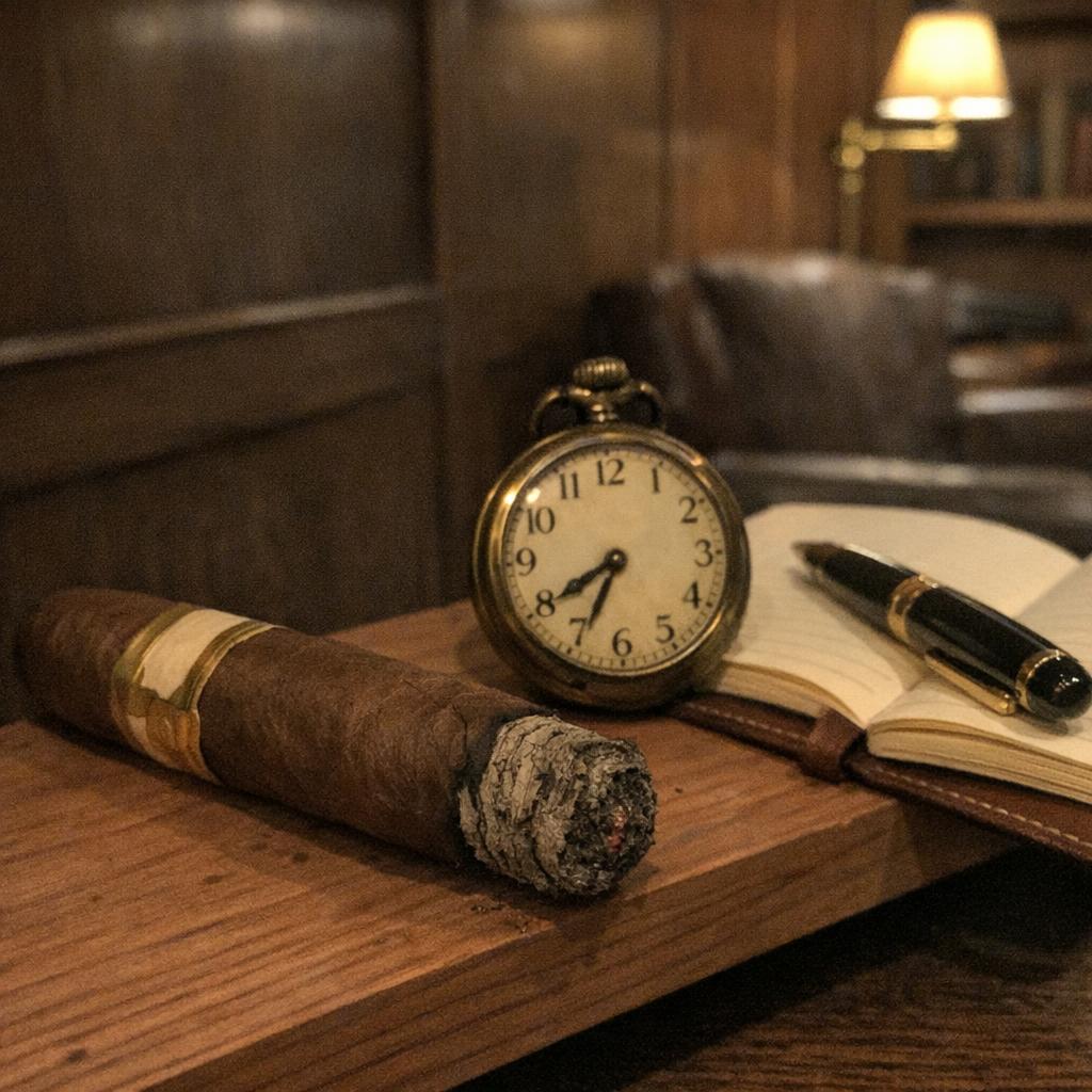 A partly smoked toro cigar resting on a cedar shelf beside a brass pocket watch and an open leather notebook with a fountain pen, the foot showing a column of grey ash under warm lamplight