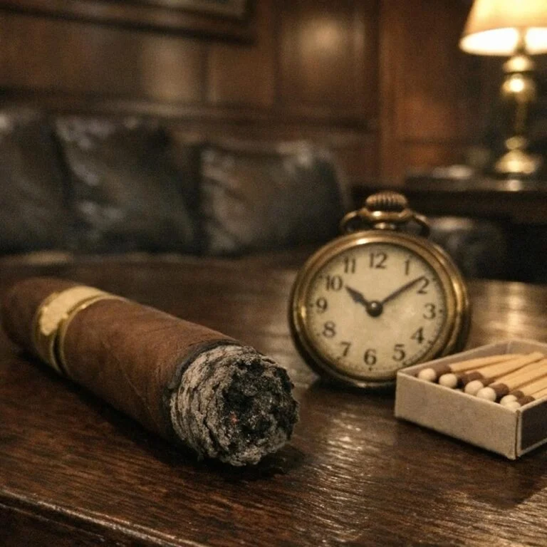 A robusto cigar lying flat on a dark wood table beside a brass pocket watch and an open box of cedar matches, foot resting with a long column of grey ash under warm lamplight in a wood panelled lounge