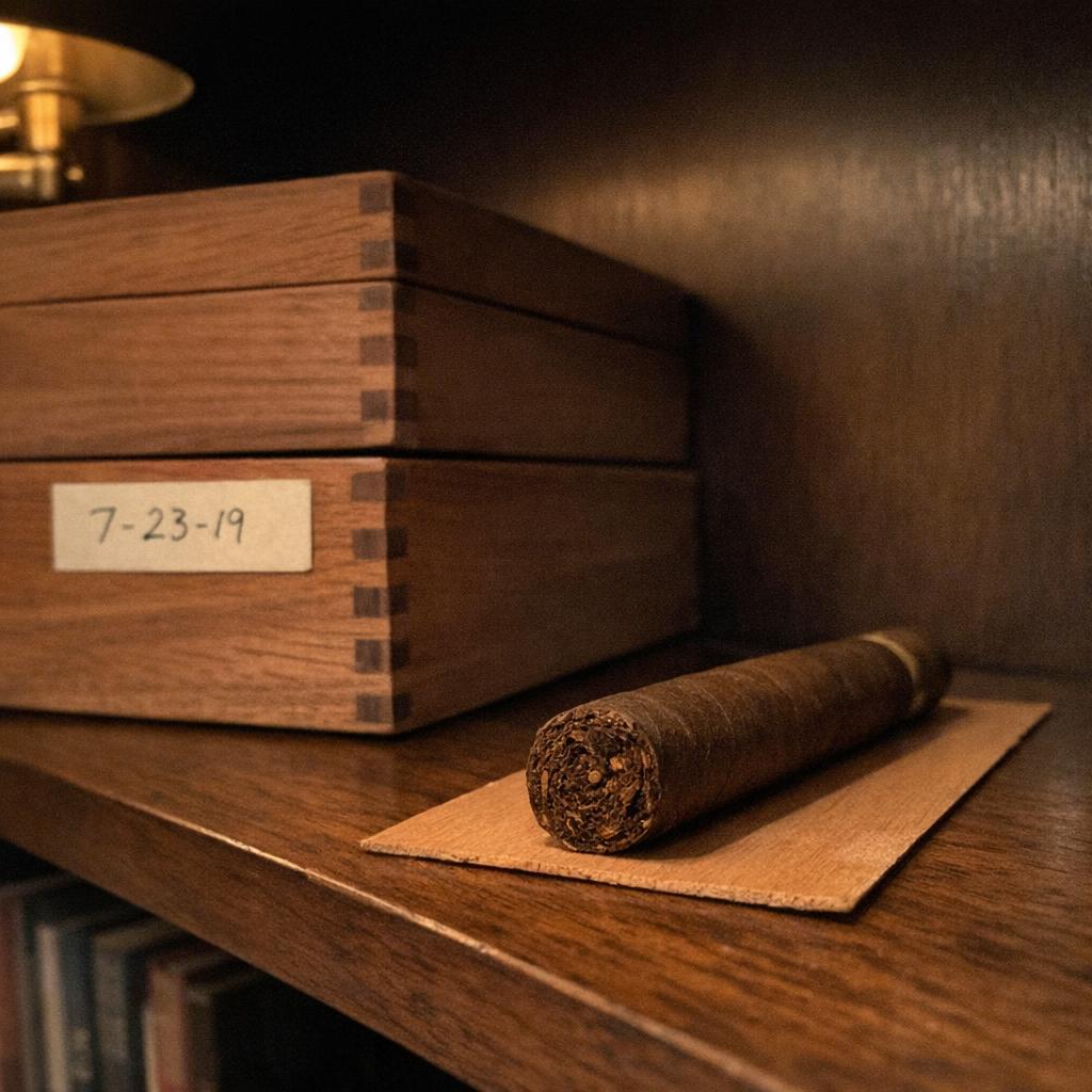 Three cedar boxes stacked on a study shelf, the top one pencil-dated, an unlit cigar resting on cedar in warm lamplight.