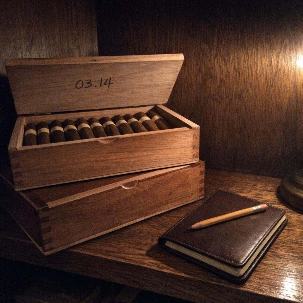 A cedar cabinet drawer holds a cigar box, its lid propped to show a pencilled date, a notebook waiting beside it.