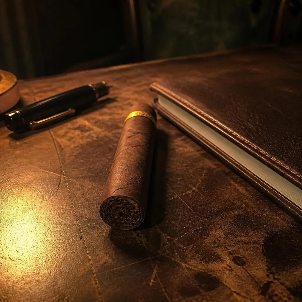 A short medium-brown Cameroon-wrapped cigar resting unlit on a worn leather desk mat beside a notebook and fountain pen