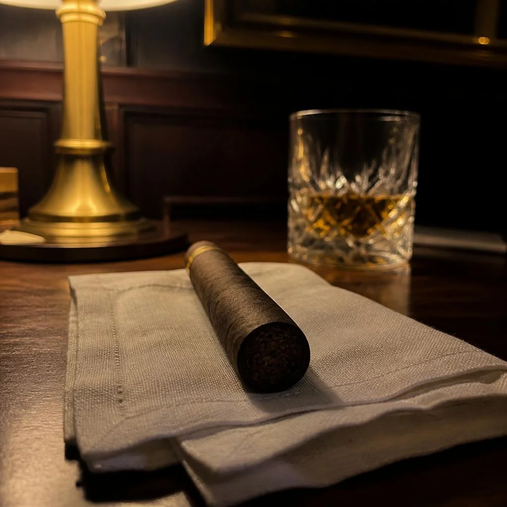 A dark walnut-brown premium cigar on folded linen, with a brass lamp and a cut-glass tumbler of whisky behind it