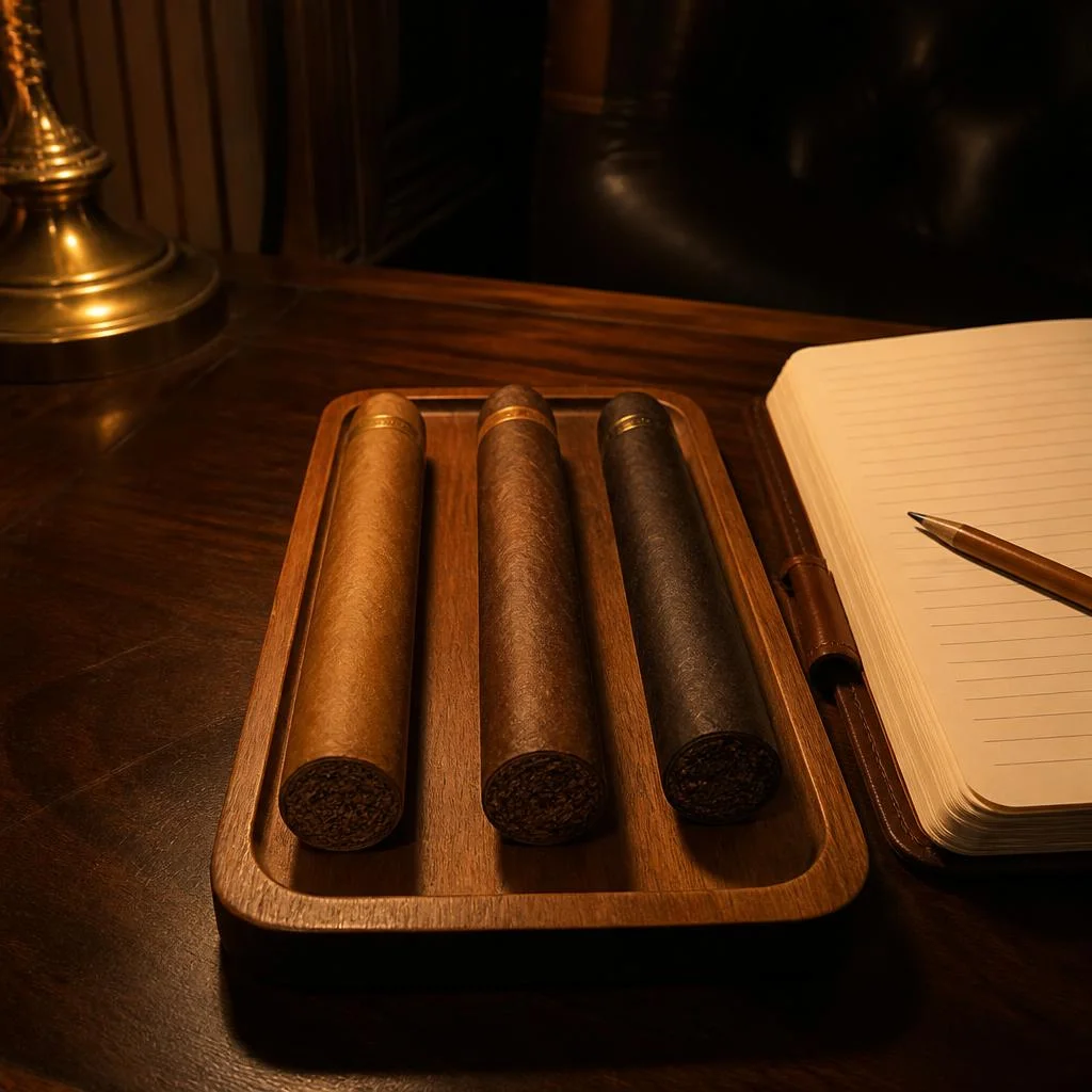 Three single cigars from light colorado to deep espresso-brown on a wooden tray beside a blank lined notebook and pencil