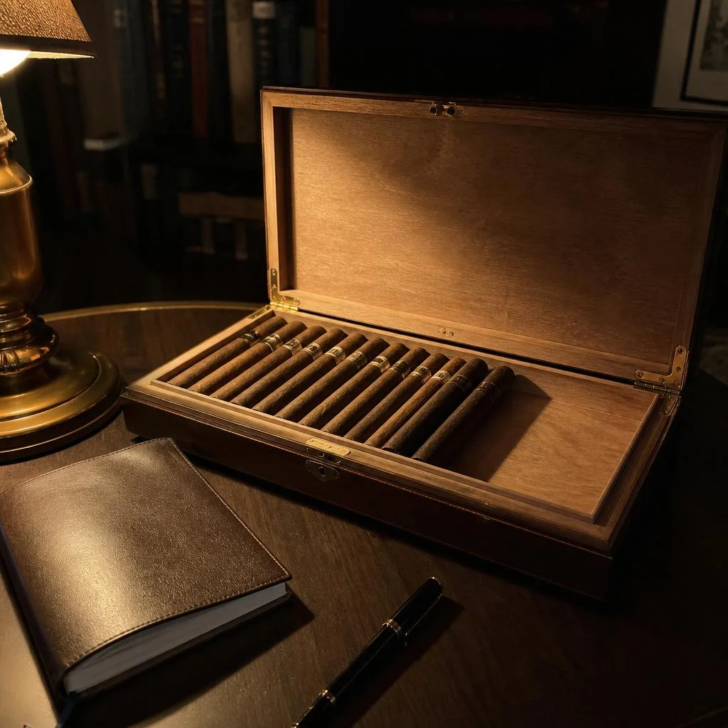 An open cedar humidor on a dark desk holding a neat row of cigars with an empty run along one side, notebook and pen nearby