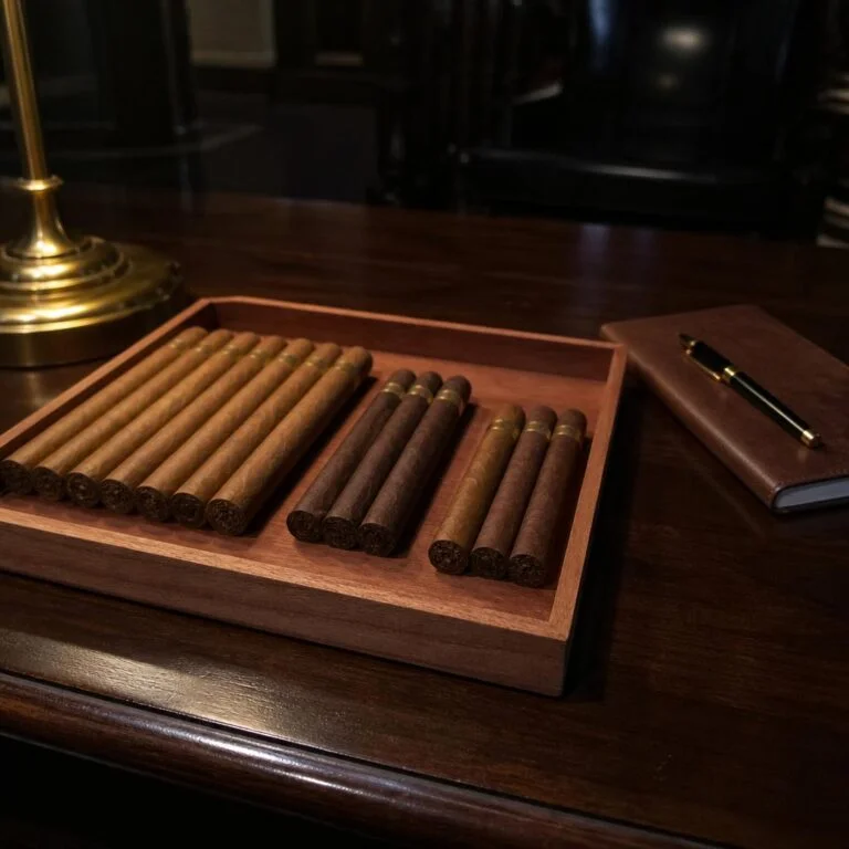 Unlit cigars on a cedar tray sorted into three groups, a large everyday row, a smaller occasion set and three singles