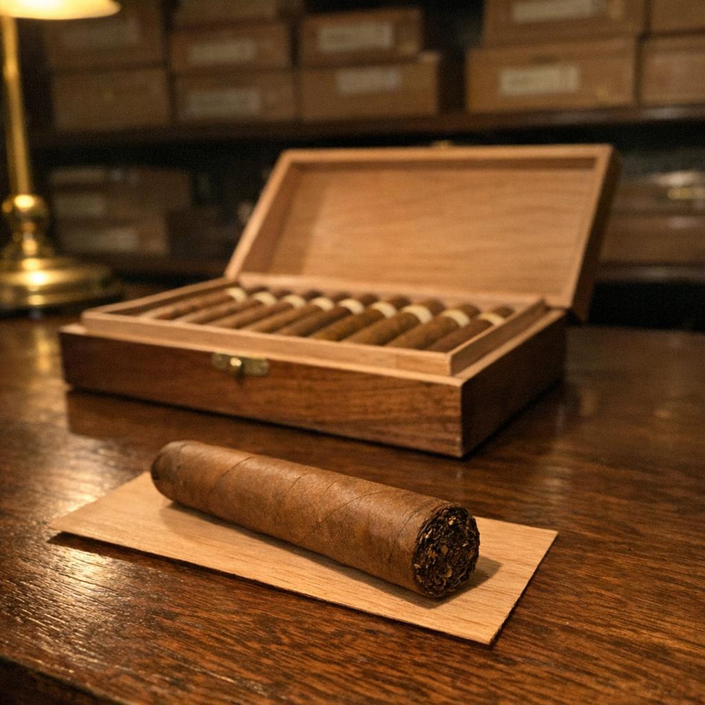 An open cedar cigar box on a walnut counter beside a single cigar resting on a sheet of Spanish cedar.