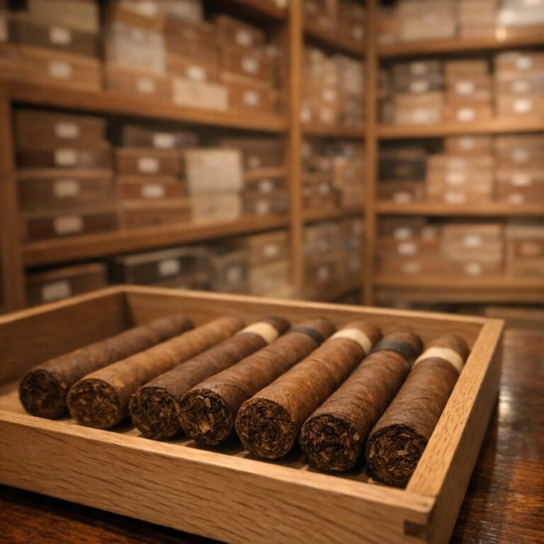 A row of unlit cigars set out in a wooden tray, cedar shelving stacked with boxes behind.