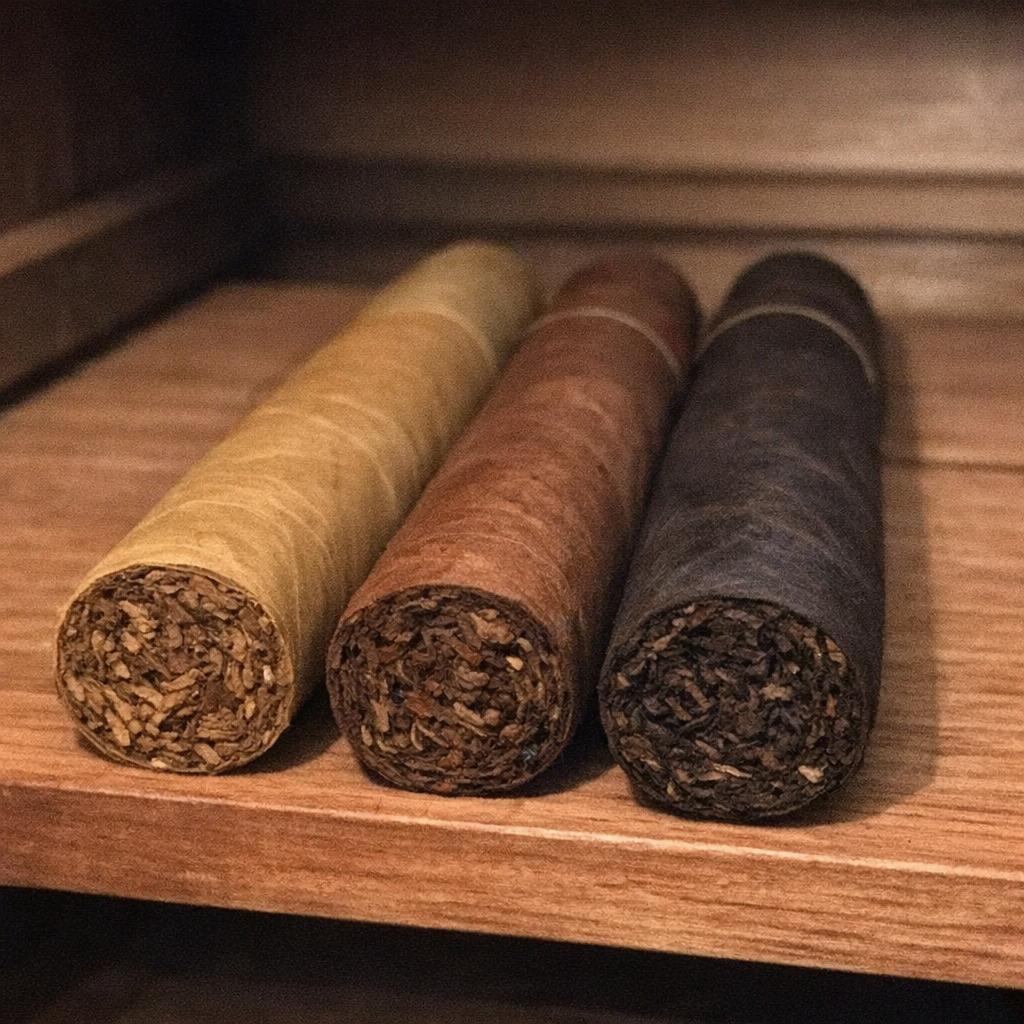 Three cigars laid side by side on a cedar shelf, from pale Connecticut to espresso-dark maduro.