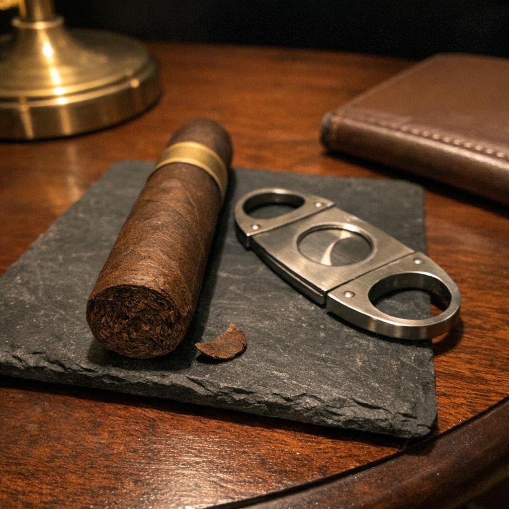 A freshly cut cigar rests on a slate coaster beside an open steel double-guillotine cutter, a crescent of trimmed cap alongside.