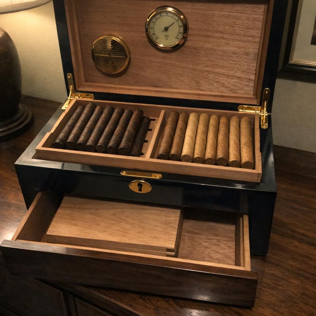A premium humidor open on a walnut sideboard, hygrometer mounted inside the lid, cedar tray of cigars separated by wrapper, lower drawer pulled out to reveal the floor compartment and an aging cedar box.