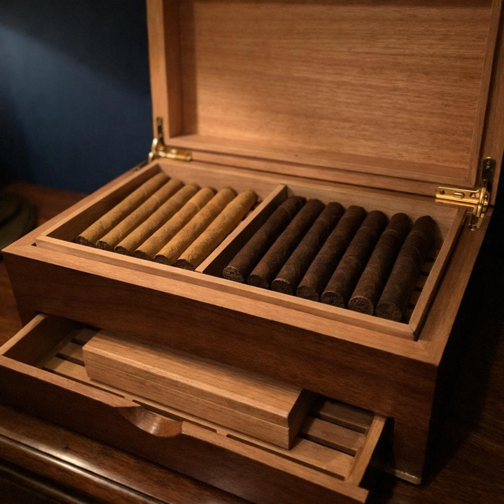 An open Spanish cedar humidor at evening, top tray sorted with lighter wrapper cigars on one side and dark maduro cigars on the other, lower compartment with a cedar box of resting cigars beneath, on a dark walnut sideboard.