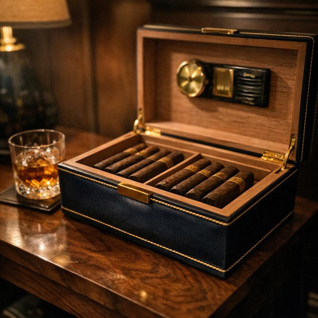 Open leather-bound humidor on a walnut side table in soft lamplight, with rested box-pressed cigars and a cut-glass tumbler of amber spirit nearby.