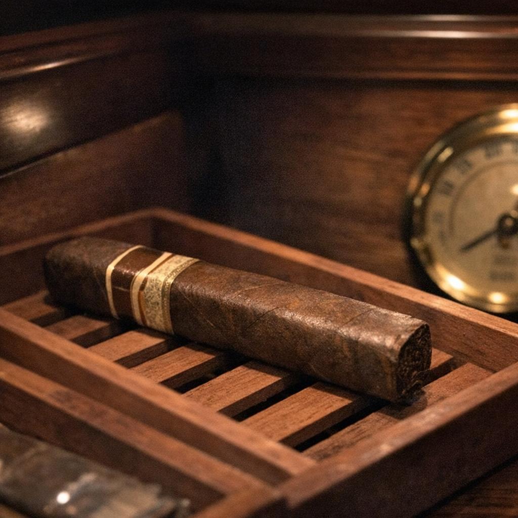 A box-pressed Padron 1964 cigar resting on cedar trays inside a polished walnut humidor, soft lamplight catching the wrapper.