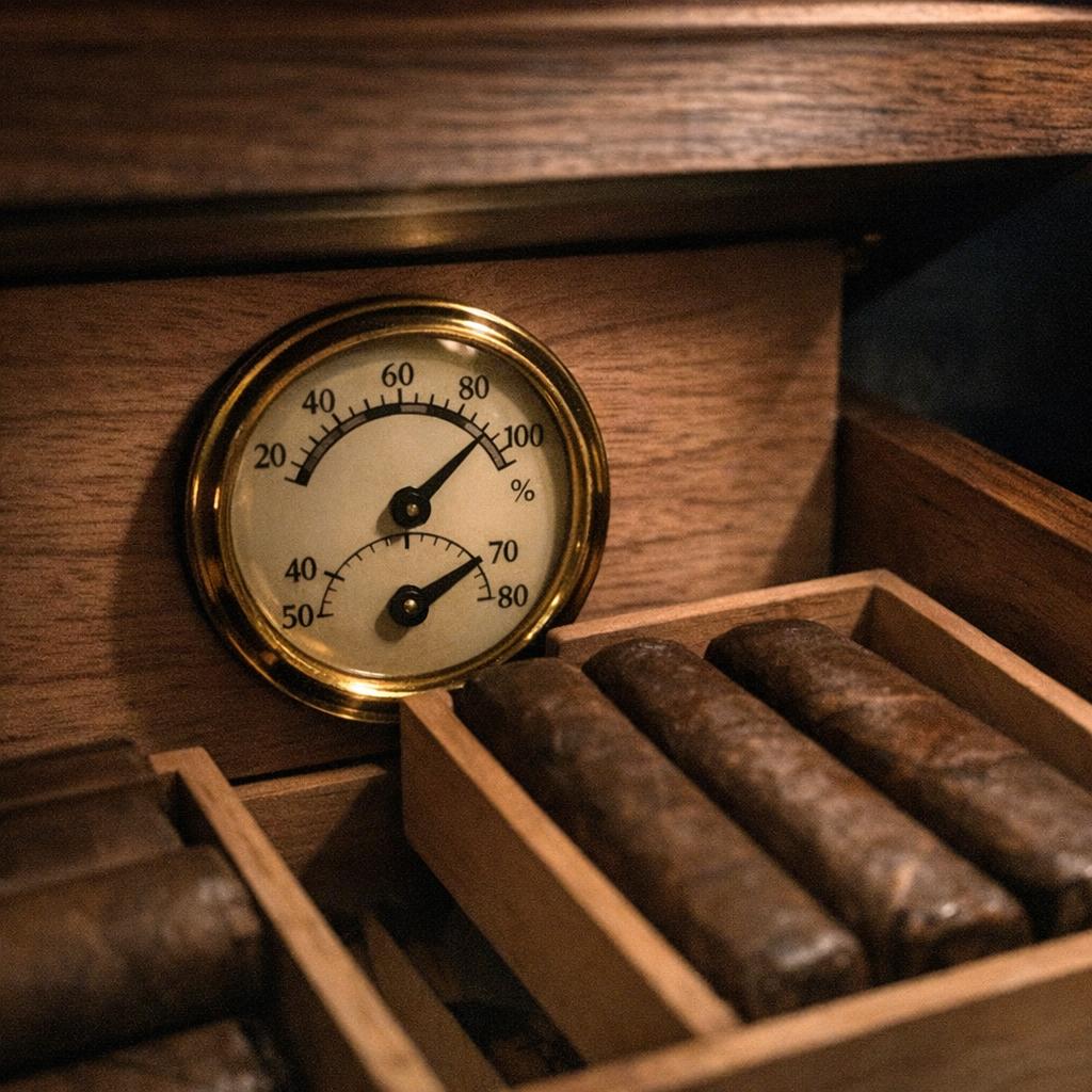 A brass-rimmed Boveda hygrometer-thermometer inside an open walnut humidor showing 65 percent relative humidity and 65 degrees Fahrenheit, with box-pressed cigars resting in cedar trays beside it.
