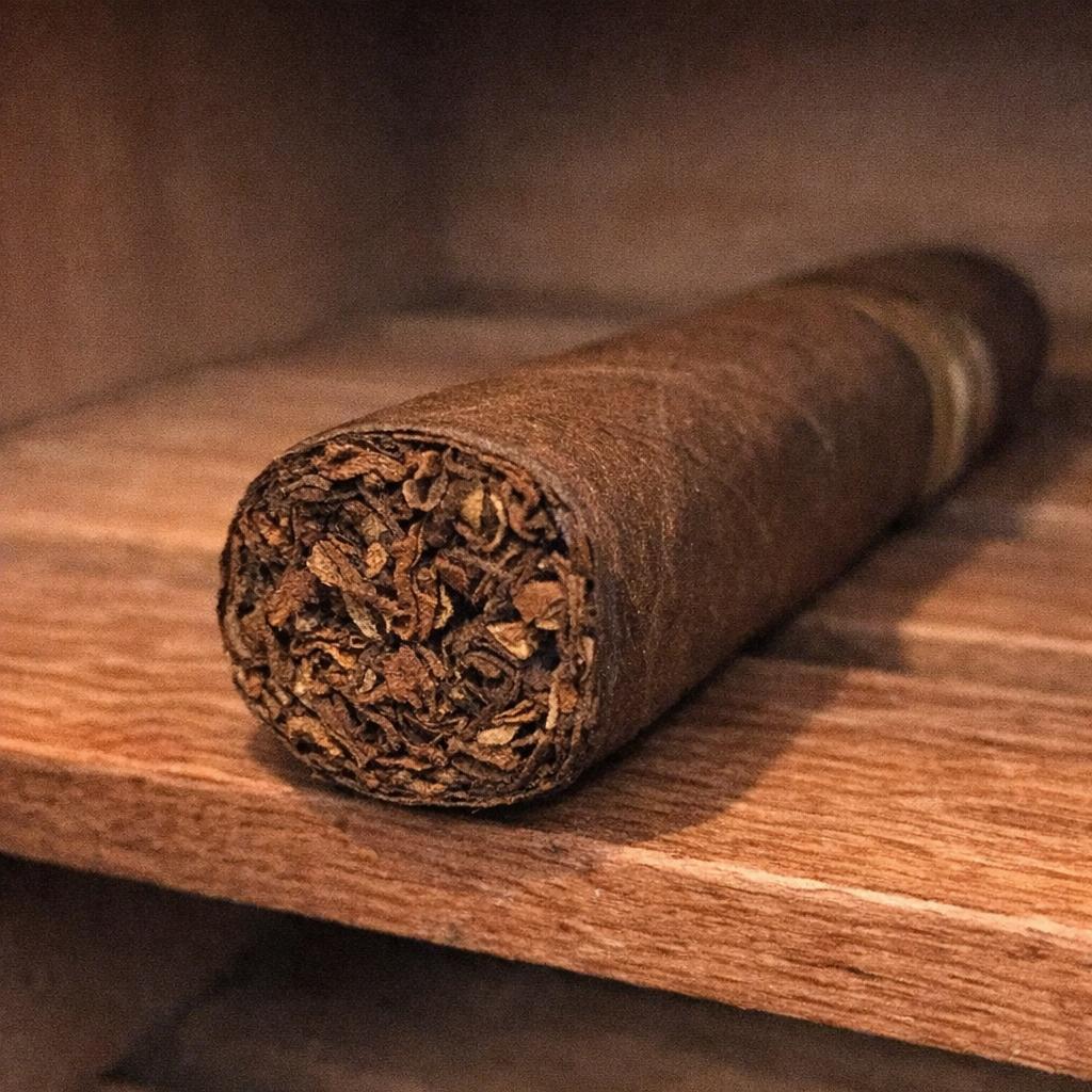 A Padron 1964 Anniversary Series Principe cigar viewed from the foot on a cedar humidor shelf, the cut tobacco bunch in macro detail, soft warm light.