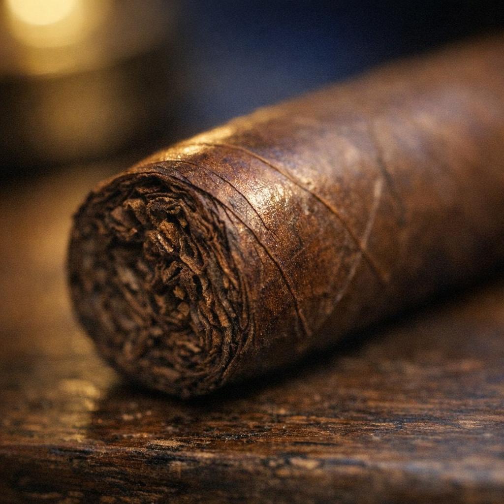 Extreme close-up macro of a premium cigar's wrapper at the foot, oily Habano leaf with visible veins, soft warm lamplight catching the natural sheen.