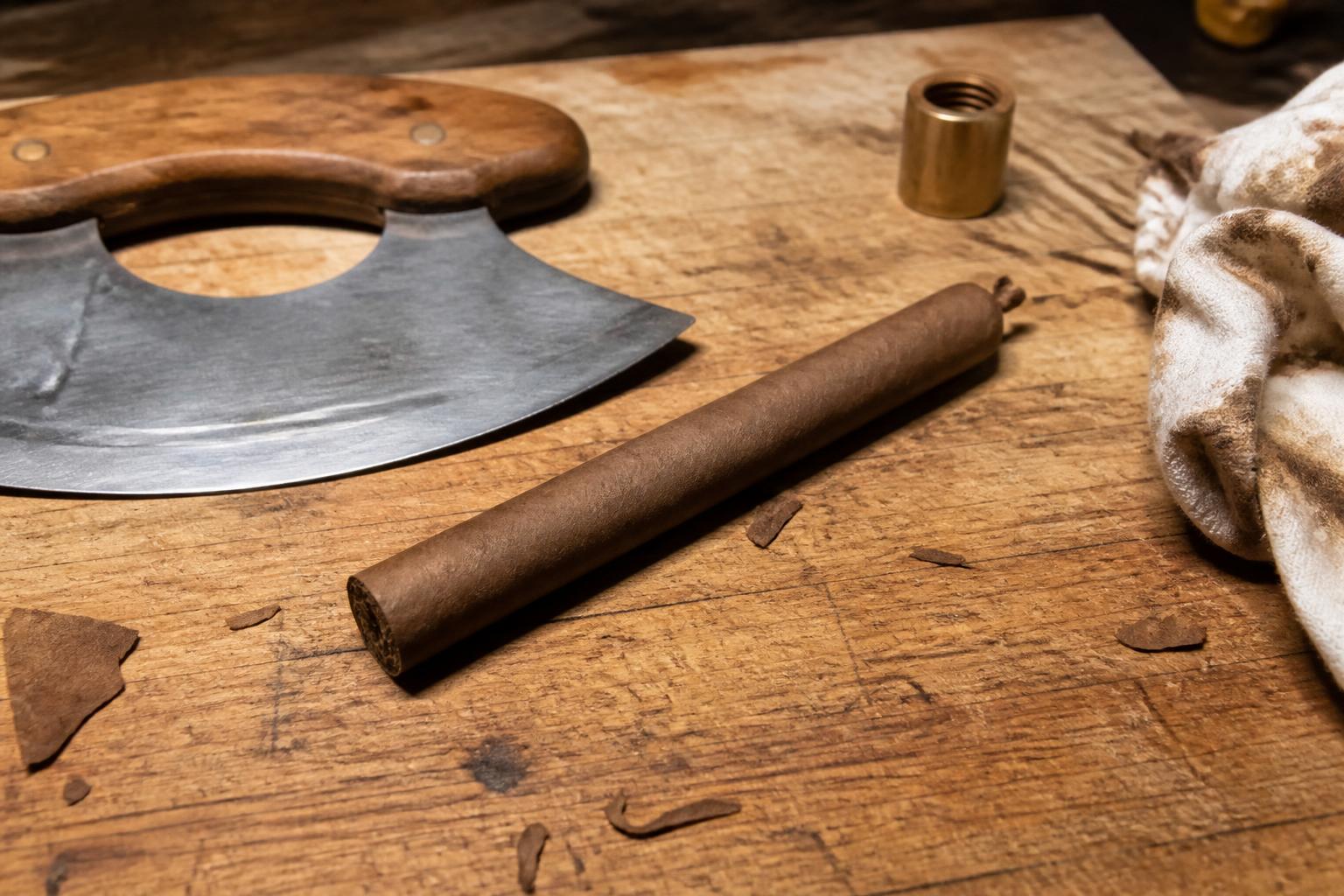 A finished hand-rolled corona with a pigtail head on a worn chopping board beside an ulu, a brass pipe fitting and a rag in a garage