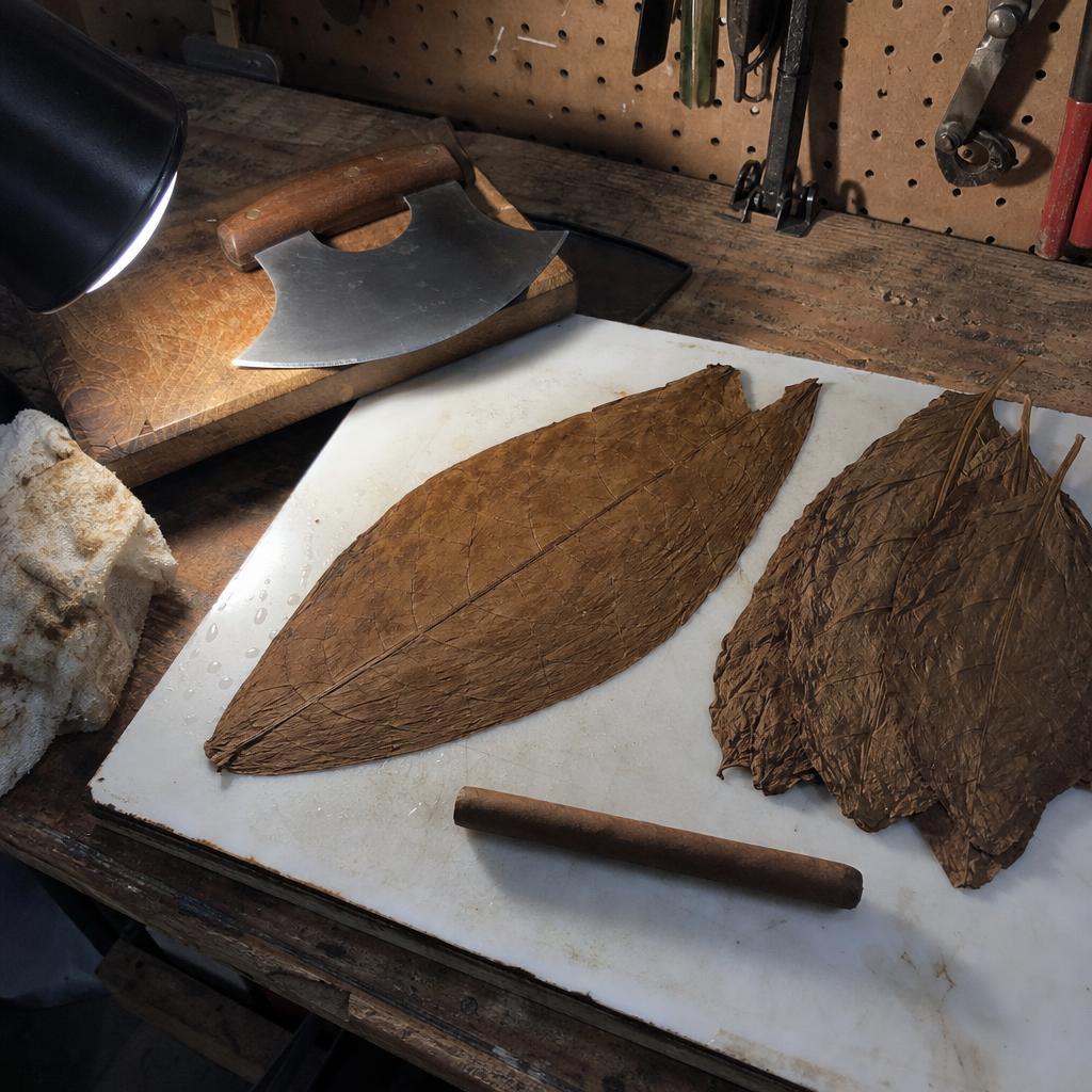 A wrapper leaf flattened on wet laminate beside whole filler leaves, a corona and an ulu chopper on a garage workbench at night