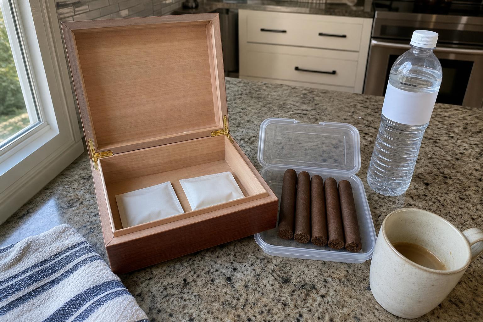 An open empty cedar humidor on a kitchen counter in daylight with two plain seasoning packs flat on its floor, beside a lidded food container of unlit cigars, a bottle of distilled water and a mug of coffee