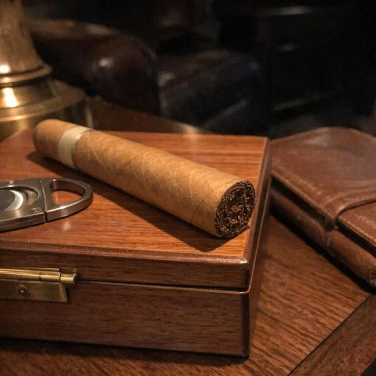 An unlit Connecticut Shade cigar rests across the lid of a small cedar humidor beside a guillotine cutter and a closed leather notebook in warm lamplight
