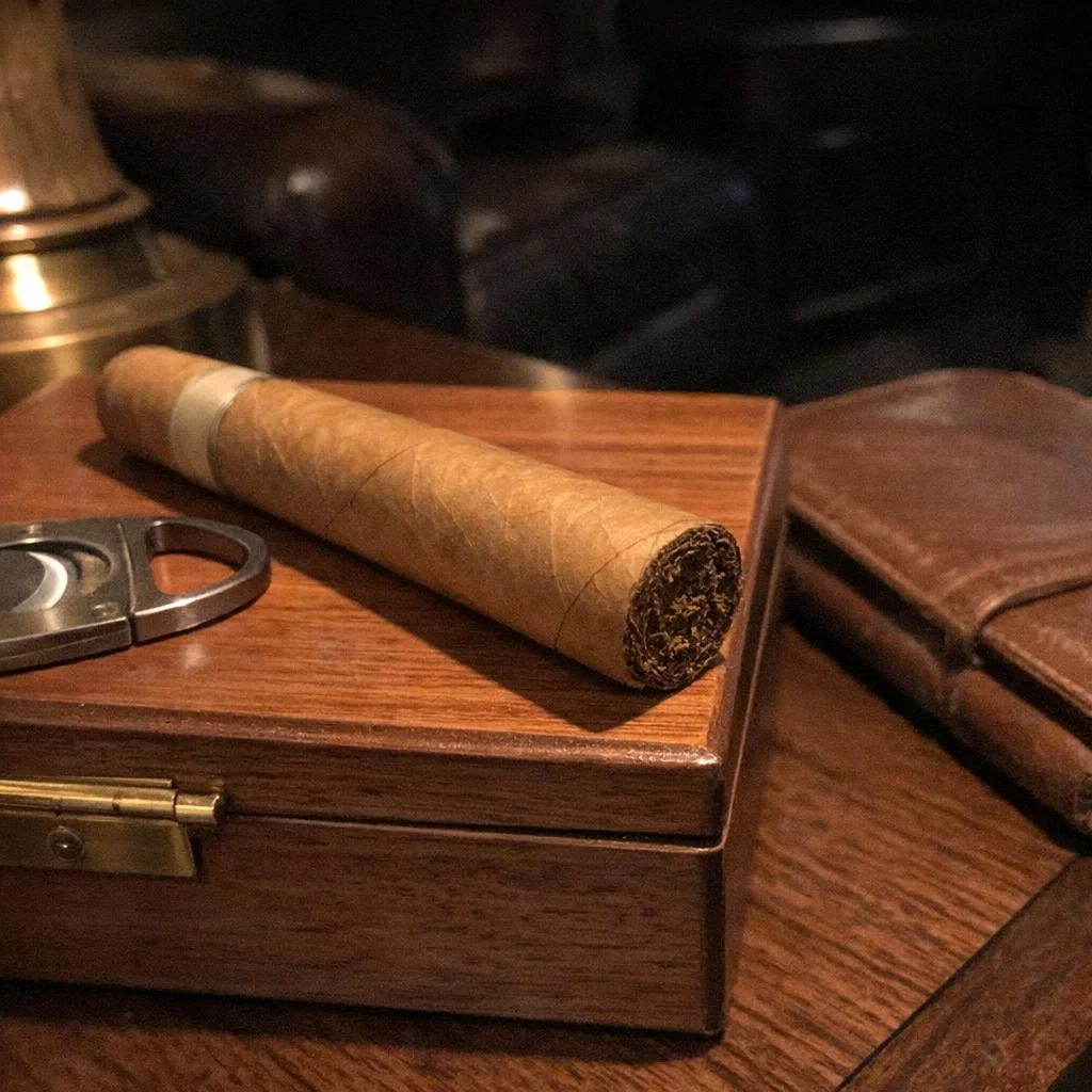 An unlit Connecticut Shade cigar rests across the lid of a small cedar humidor beside a guillotine cutter and a closed leather notebook in warm lamplight