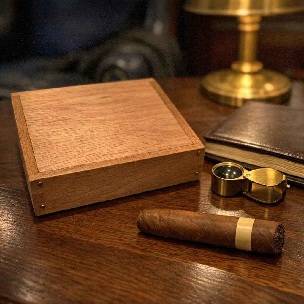 An empty cedar cigar box turned over on a walnut desk beside a brass loupe and a leather notebook, with an unlit cigar resting nearby.